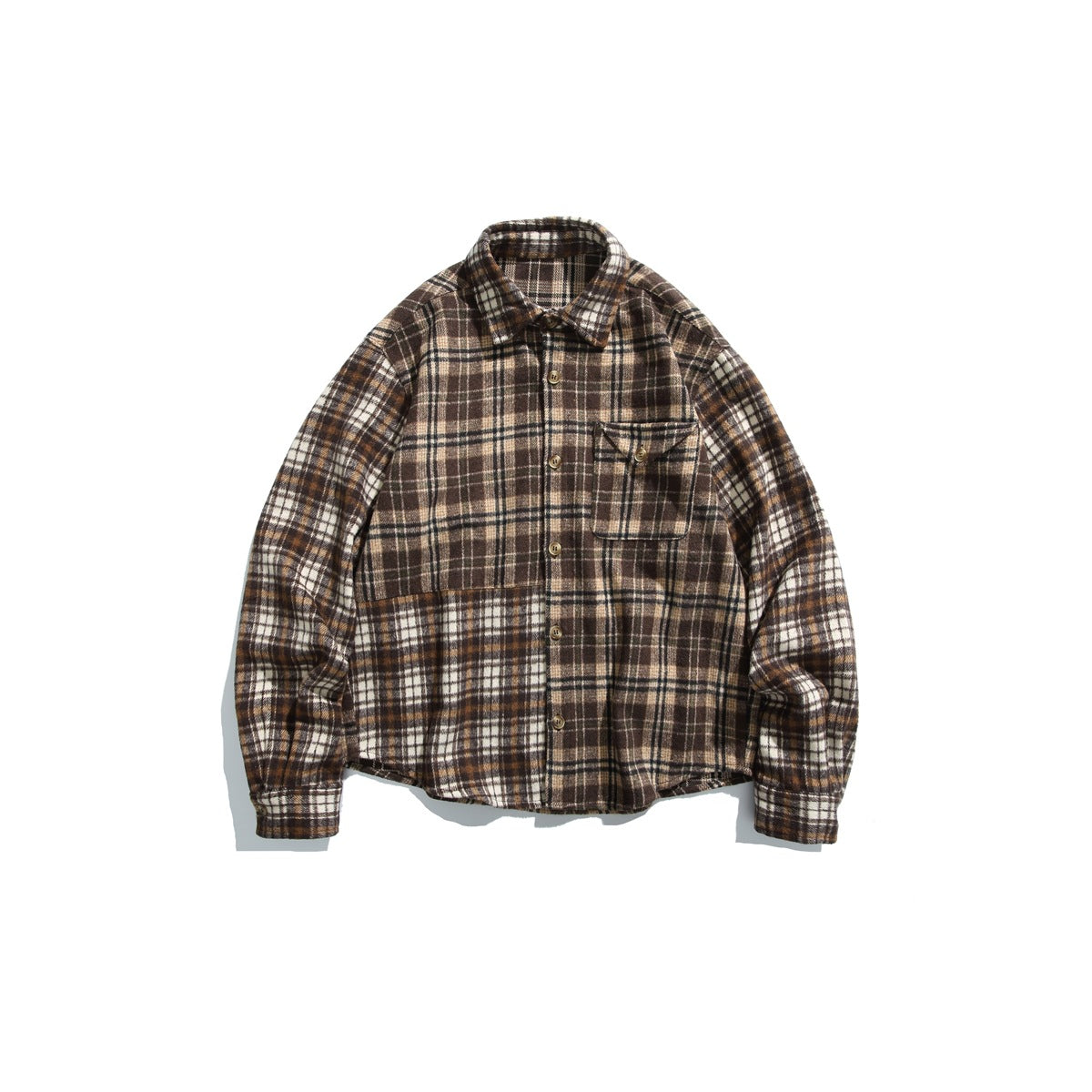Brown patchwork plaid long-sleeve button-up shirt, flat lay front view with chest pocket