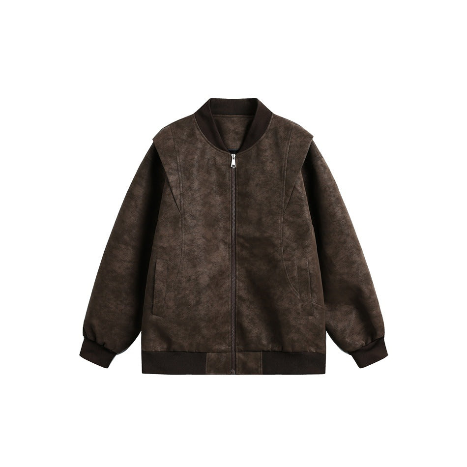 Brown zip-front bomber jacket with ribbed collar, cuffs and hem and a mottled suede-like surface, flat view