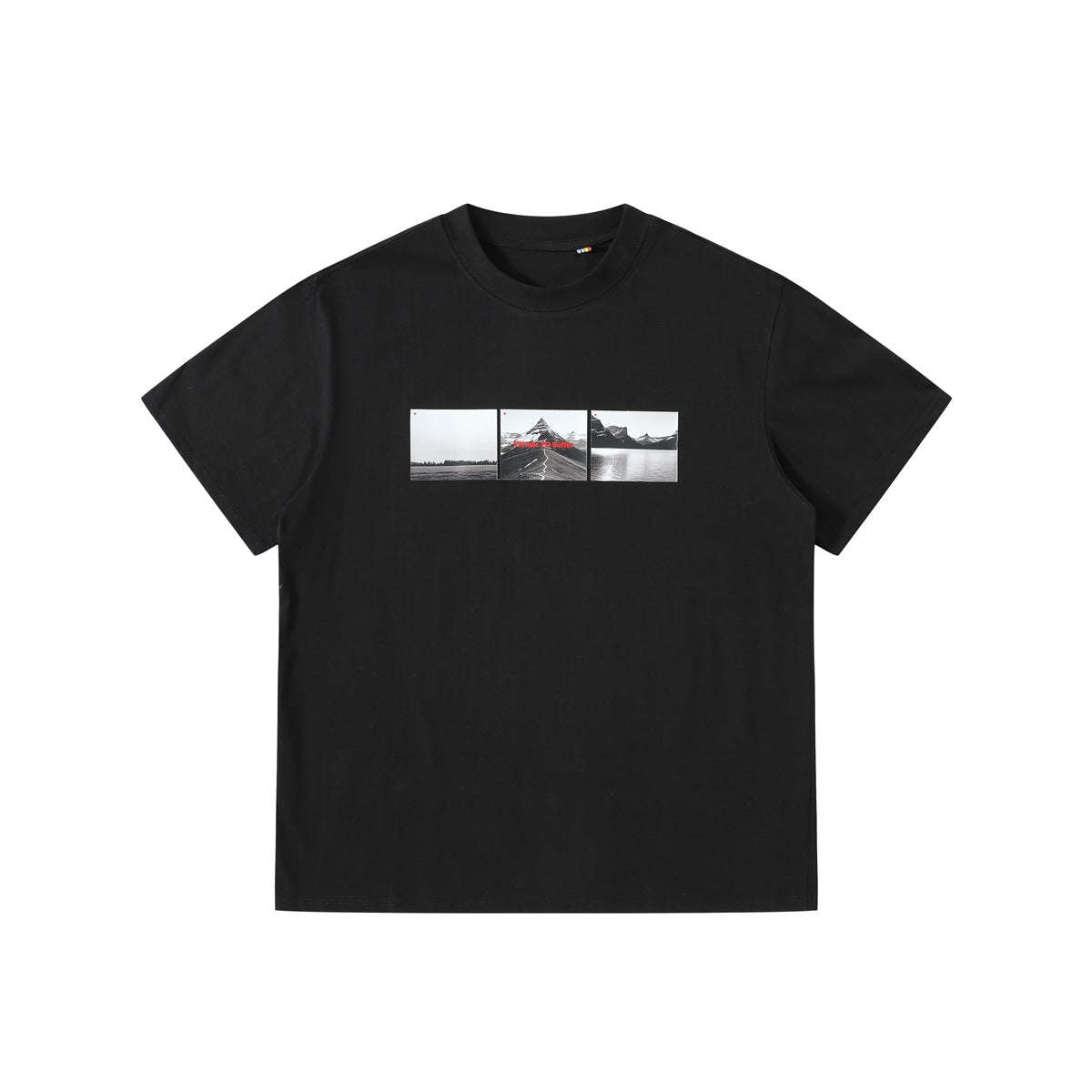 Black short-sleeve crew neck T-shirt with a three-panel black-and-white landscape photo print on the chest