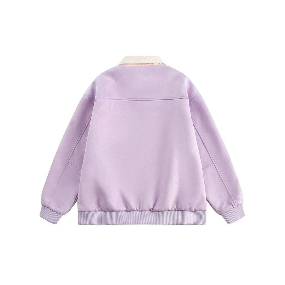 Back view of a lilac jacket with a cream ribbed collar, ribbed cuffs, and ribbed hem.