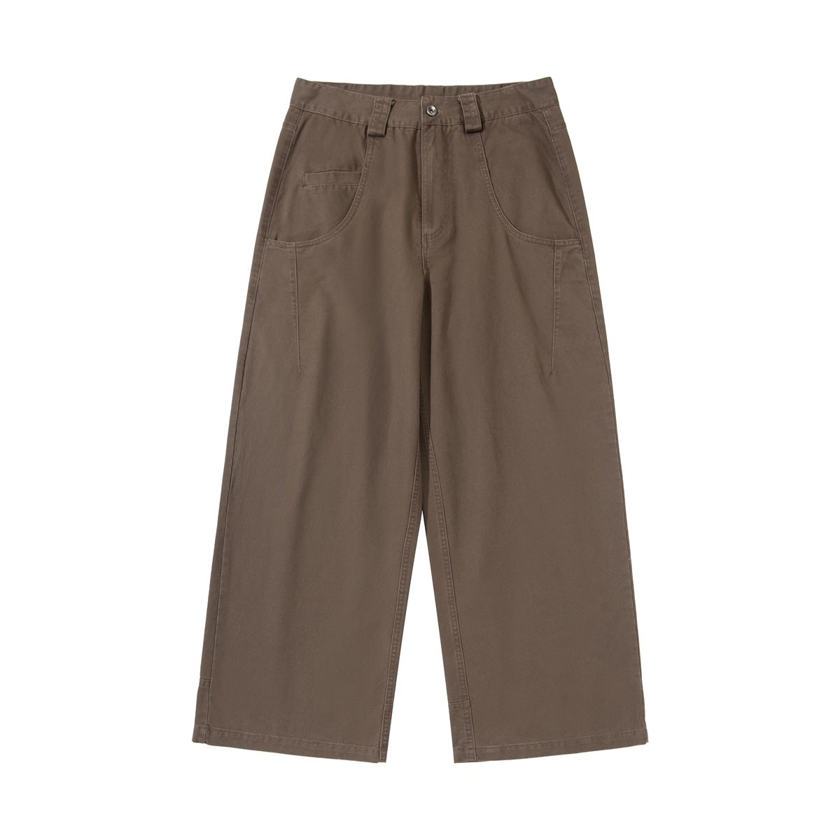 Brown wide-leg pants flat lay with button fly, front tab waistband and curved pockets