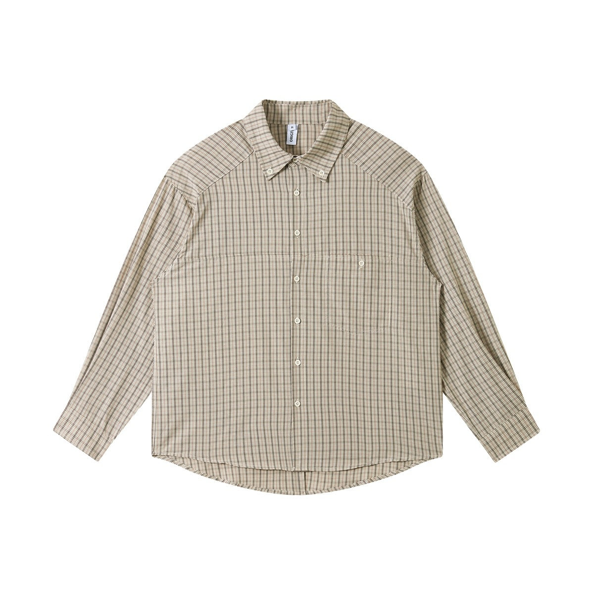 Beige and gray-green small plaid long-sleeve button-up shirt laid flat, front view with chest pocket and curved hem