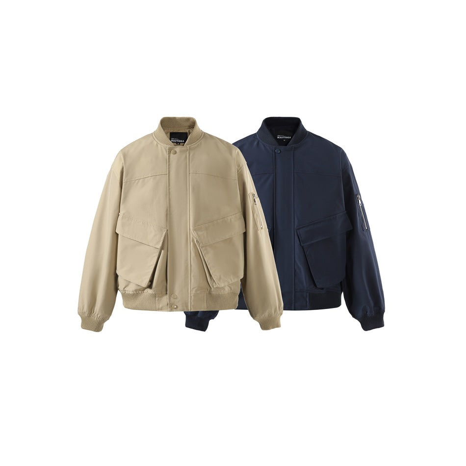 Tan and navy bomber jackets shown from the front, with flap pockets, ribbed collars, cuffs, and hems.