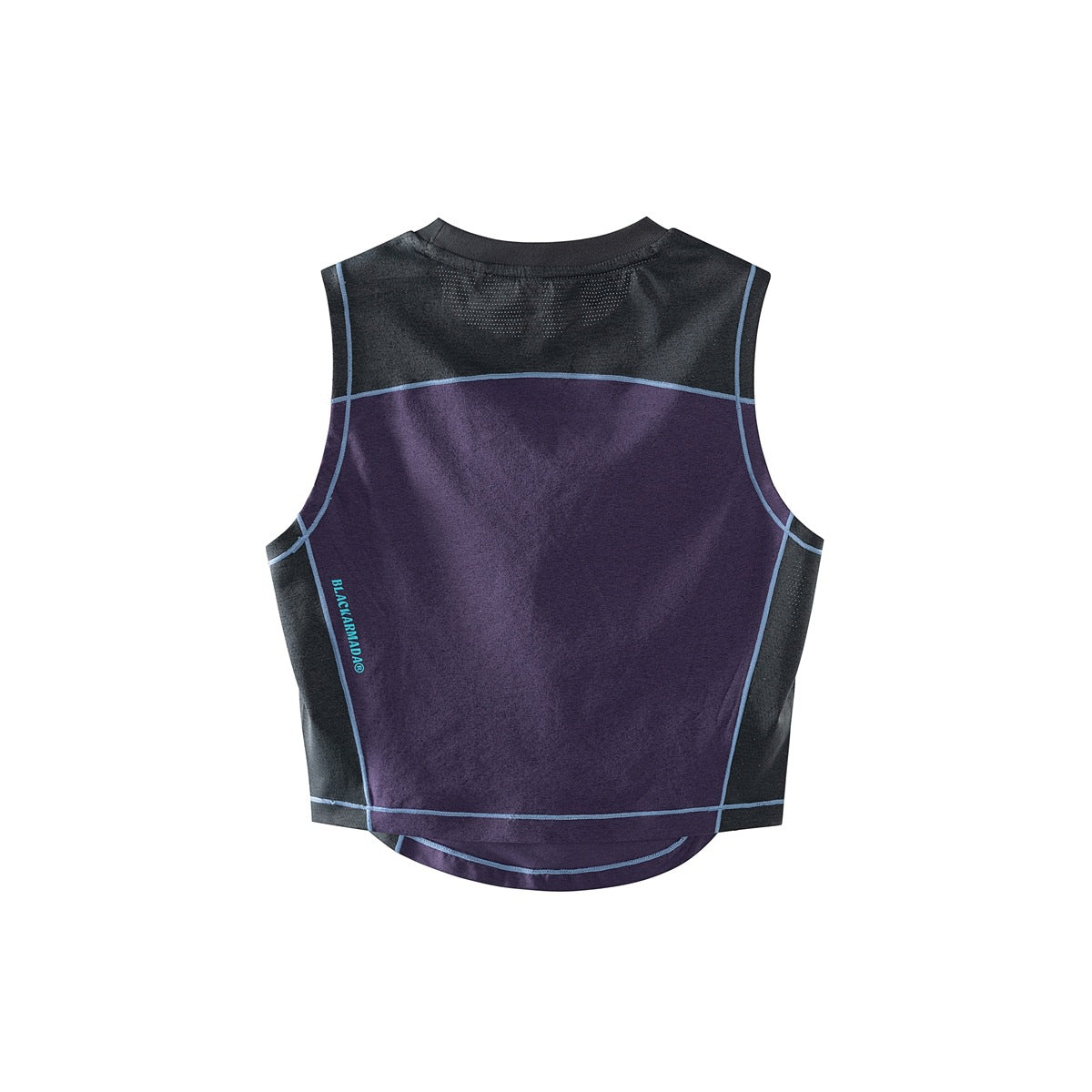 Back view of a sleeveless top with black panels, a deep purple center, and blue-gray piping.