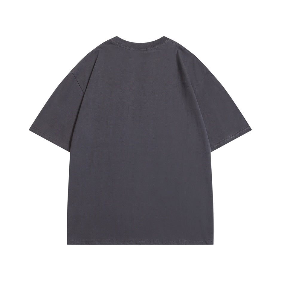 Back view of a plain charcoal-gray short-sleeve T-shirt.