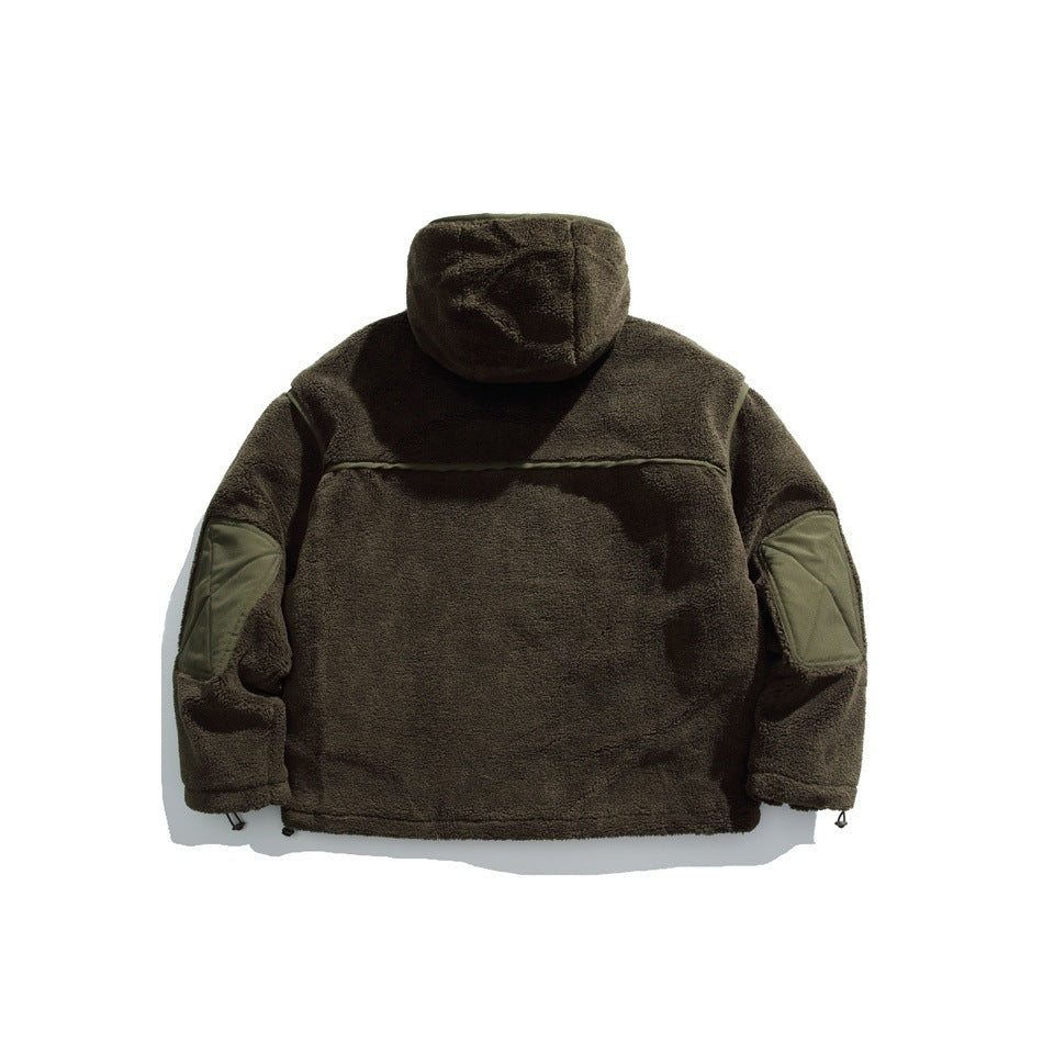 Back view of an olive green hooded fleece jacket with matching elbow patches and a horizontal shoulder seam.
