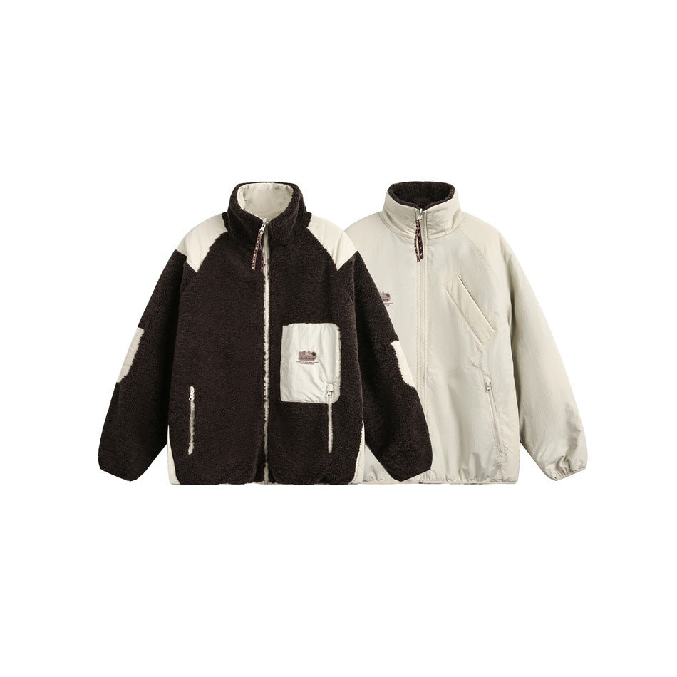 Two zip-front sherpa jackets shown from the front: one dark brown and cream, the other cream.
