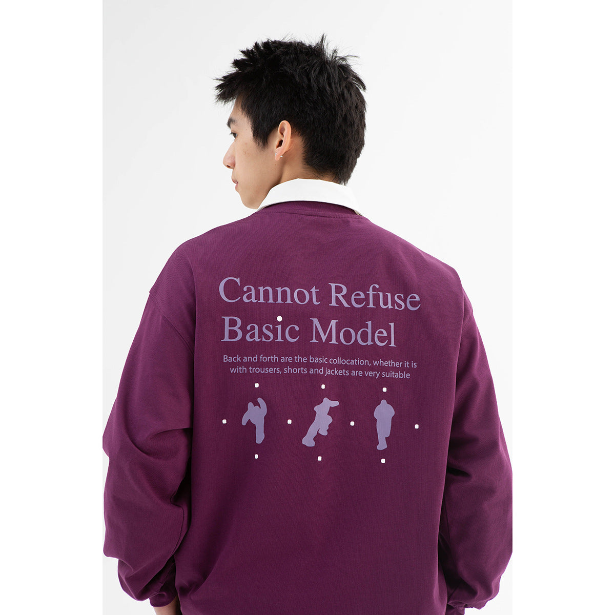 Close rear view of a plum shirt showing its large English text and figure graphic on the back.