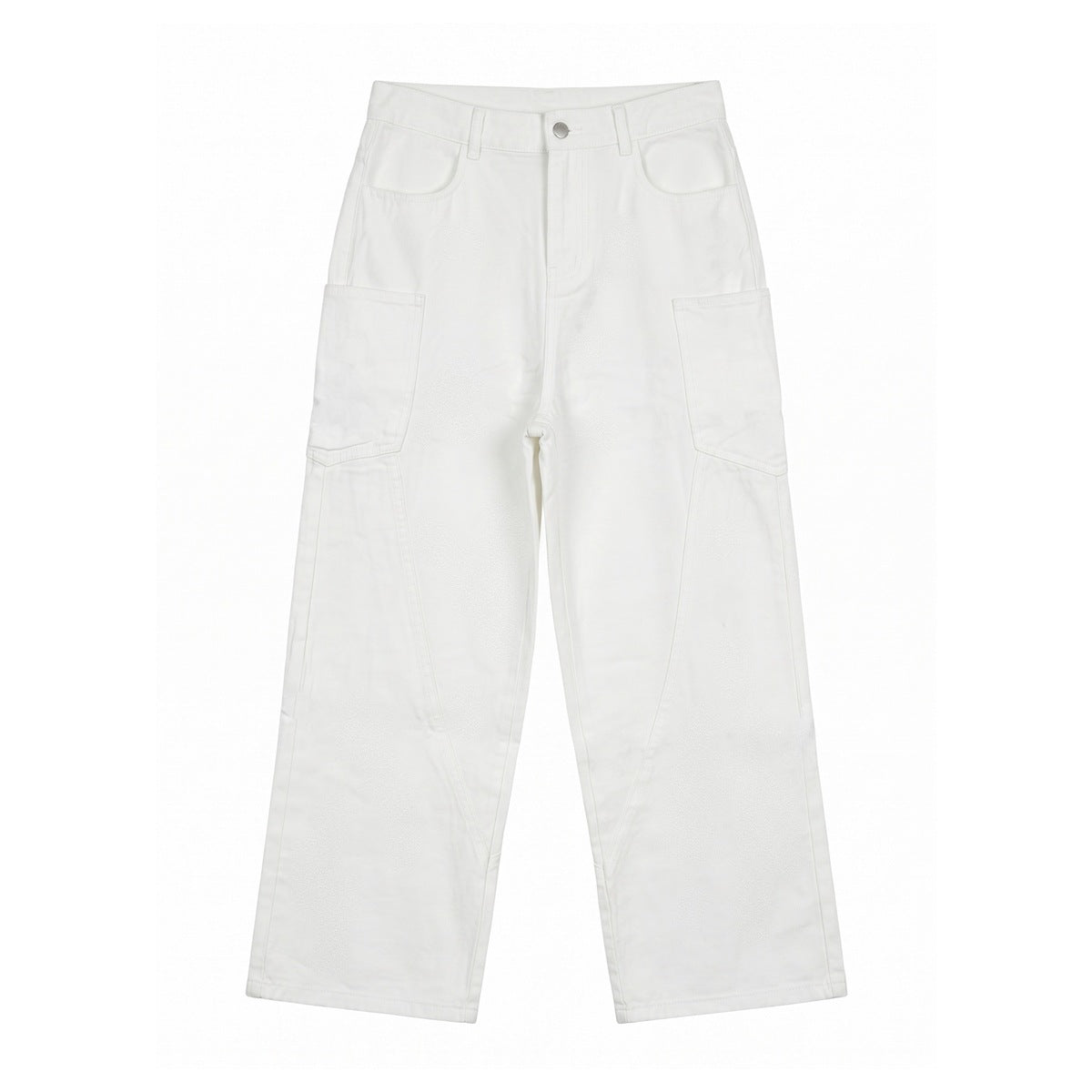 White wide-leg cargo pants flat lay with large thigh patch pockets, front zip and button closure, and curved leg seams