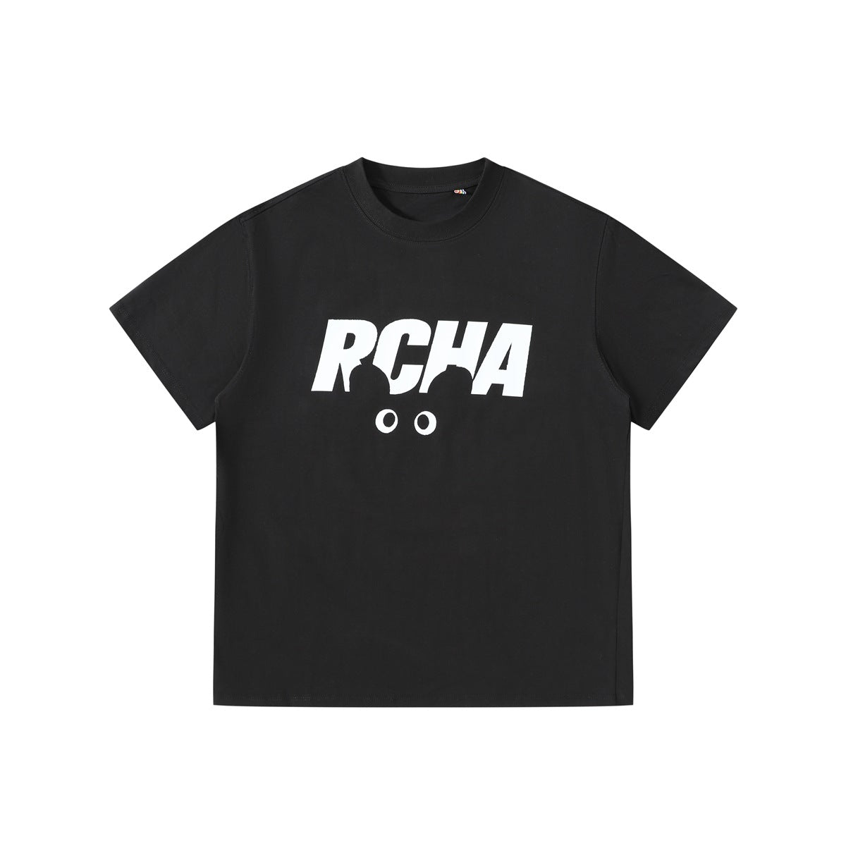 Black short-sleeve crew-neck T-shirt with white RCHA graphic and two circle eyes printed on the chest
