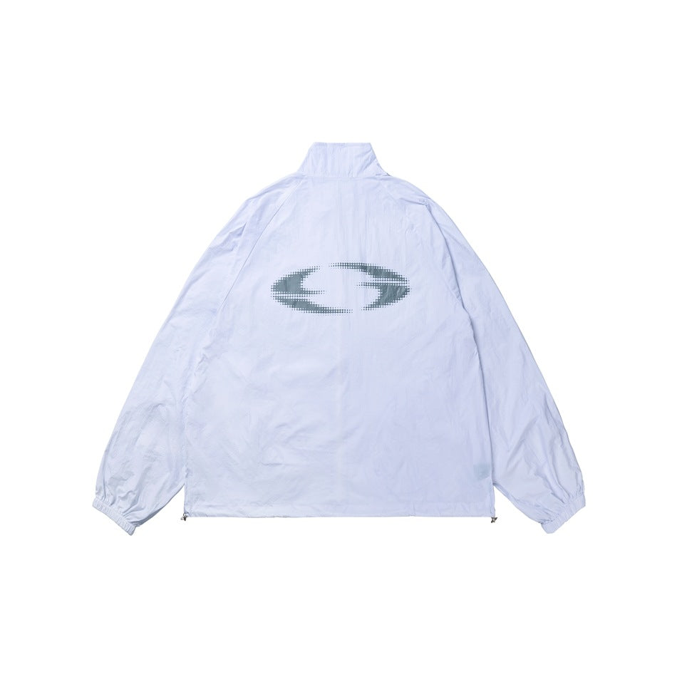 Back view of a pale lavender jacket with a high collar and a large dark emblem across the upper back.