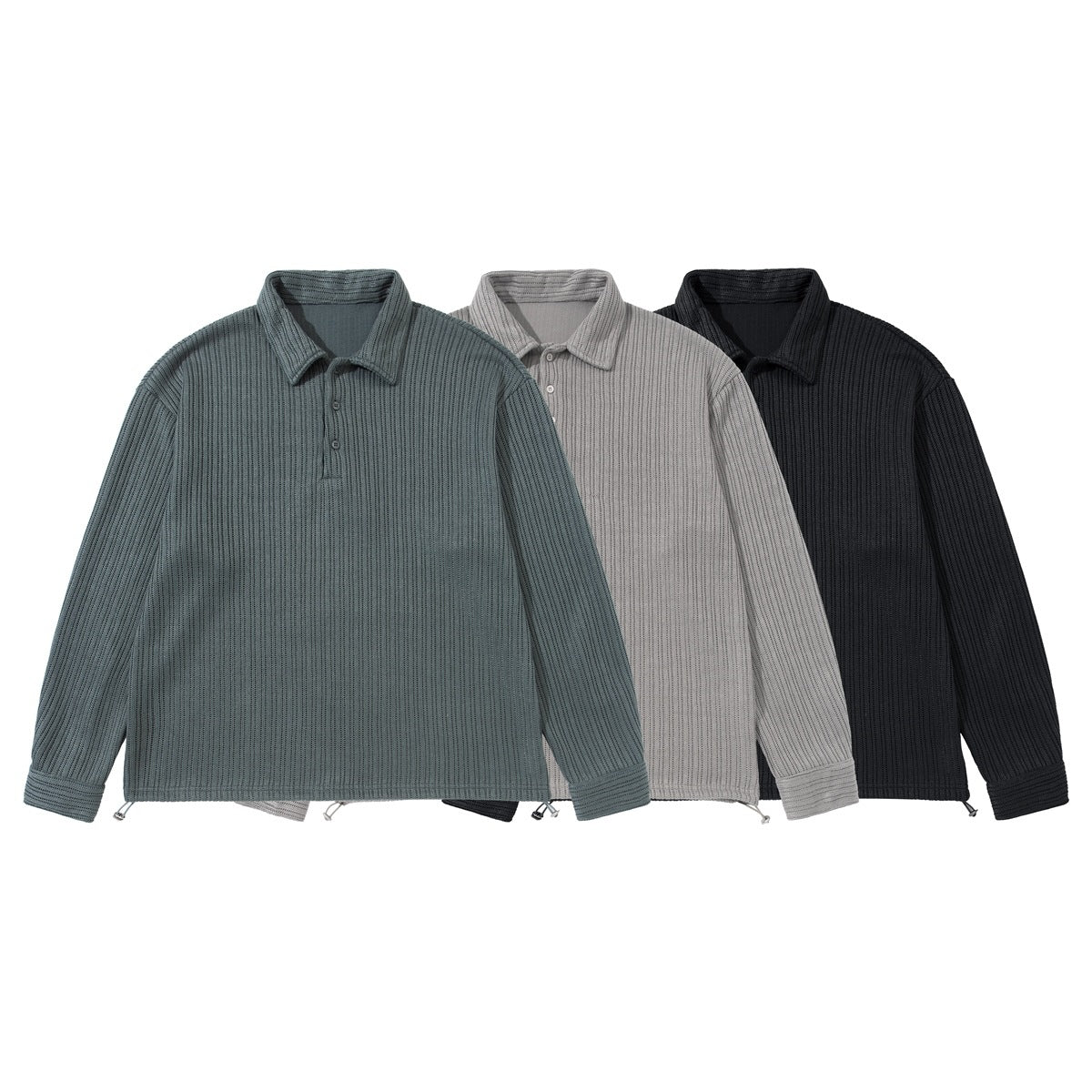 Three long-sleeve rib-knit polo shirts shown from the front in teal, gray, and black.