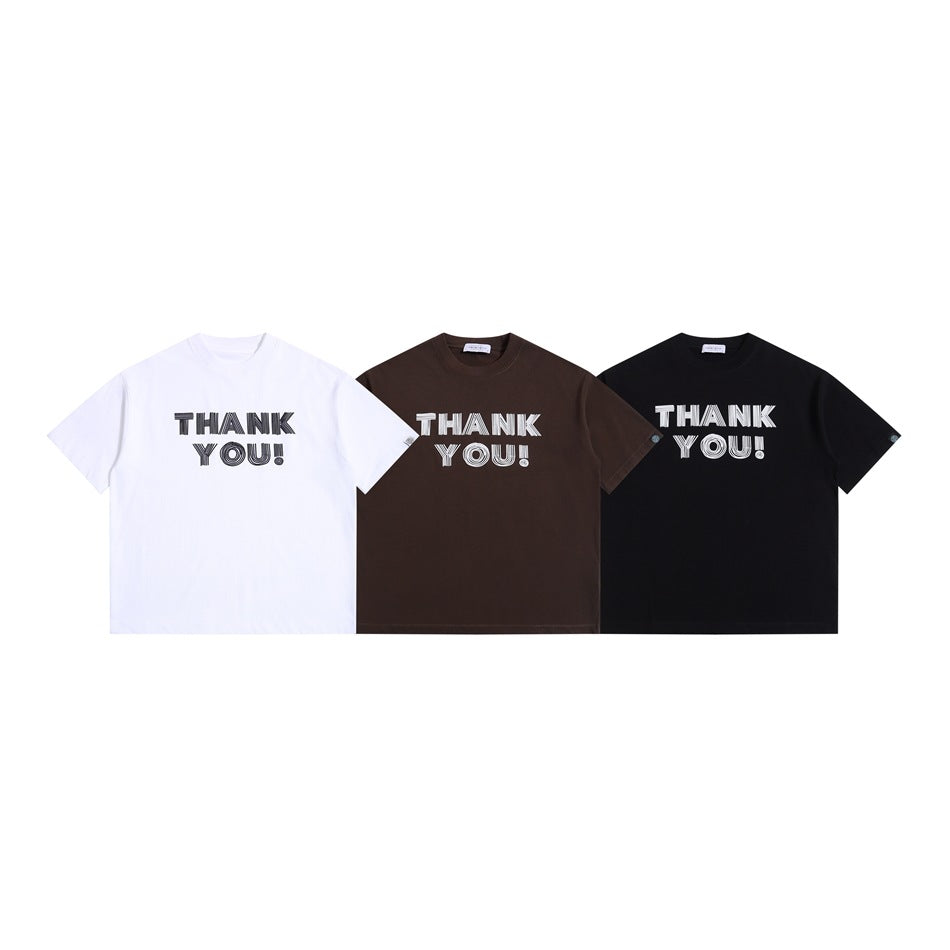White, dark brown, and black short-sleeve T-shirts shown from the front, each with “THANK YOU!” lettering.