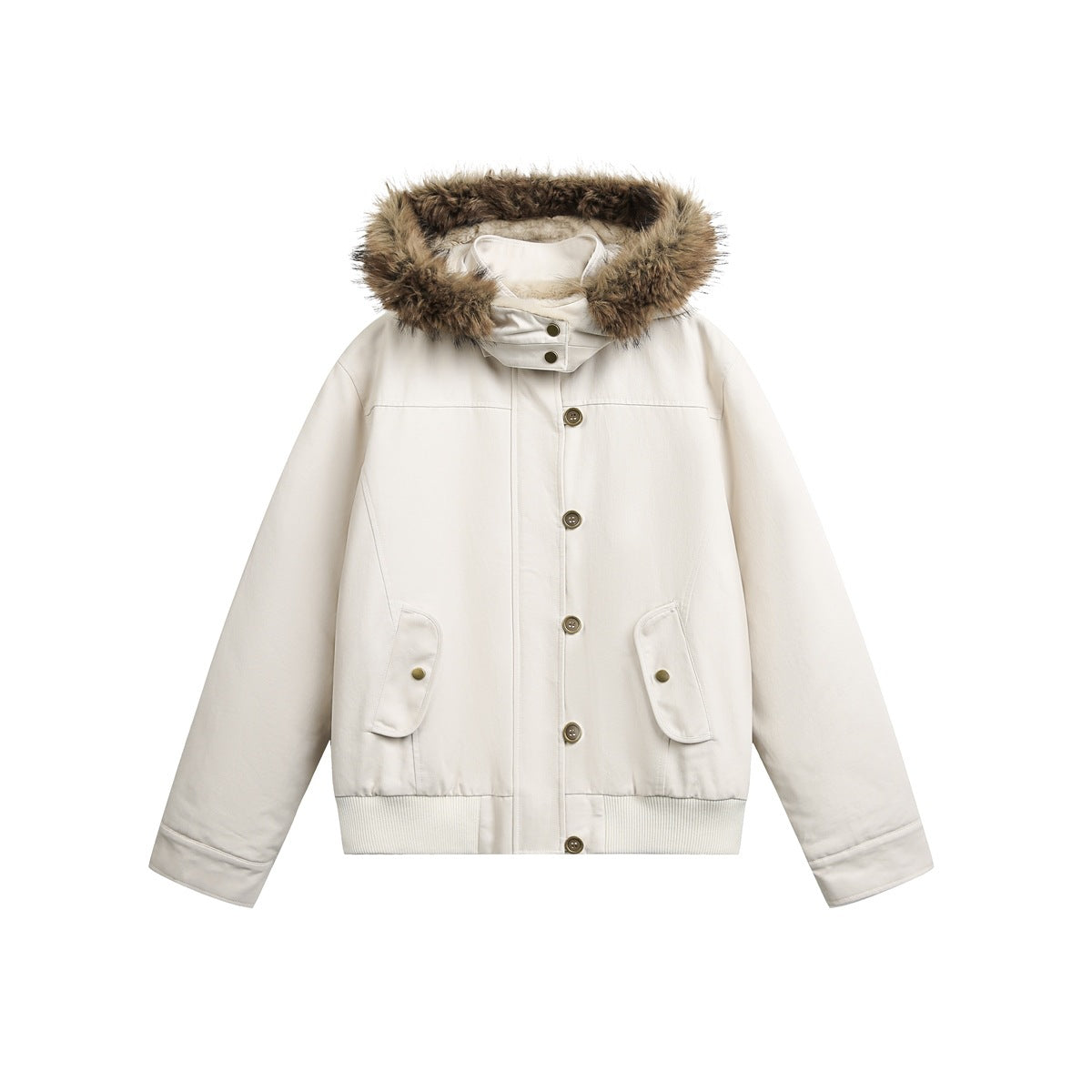 Off-white hooded short jacket with faux-fur trim, gold buttons, flap pockets and ribbed hem, flat lay front view