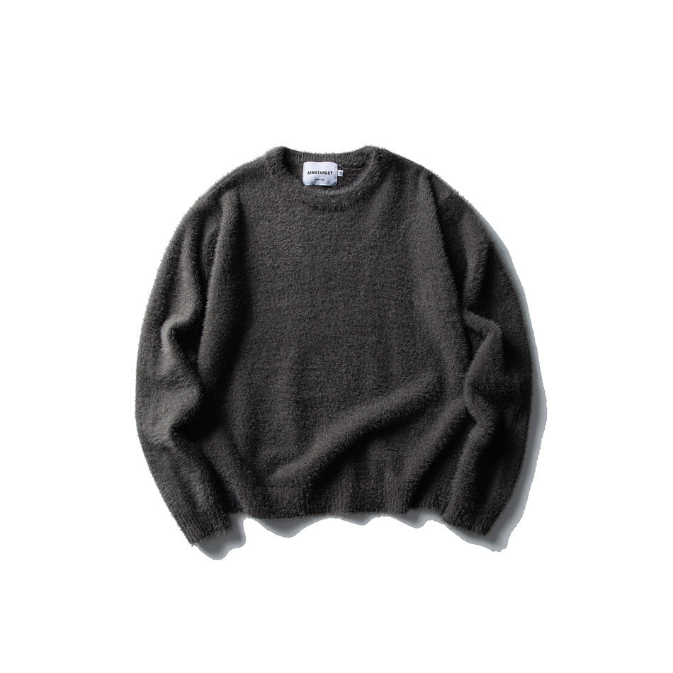 Dark charcoal gray fuzzy knit crew-neck sweater, flat lay front view