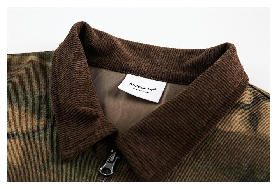 Close-up of the jacket's dark ribbed collar, zipper, and interior brand label.