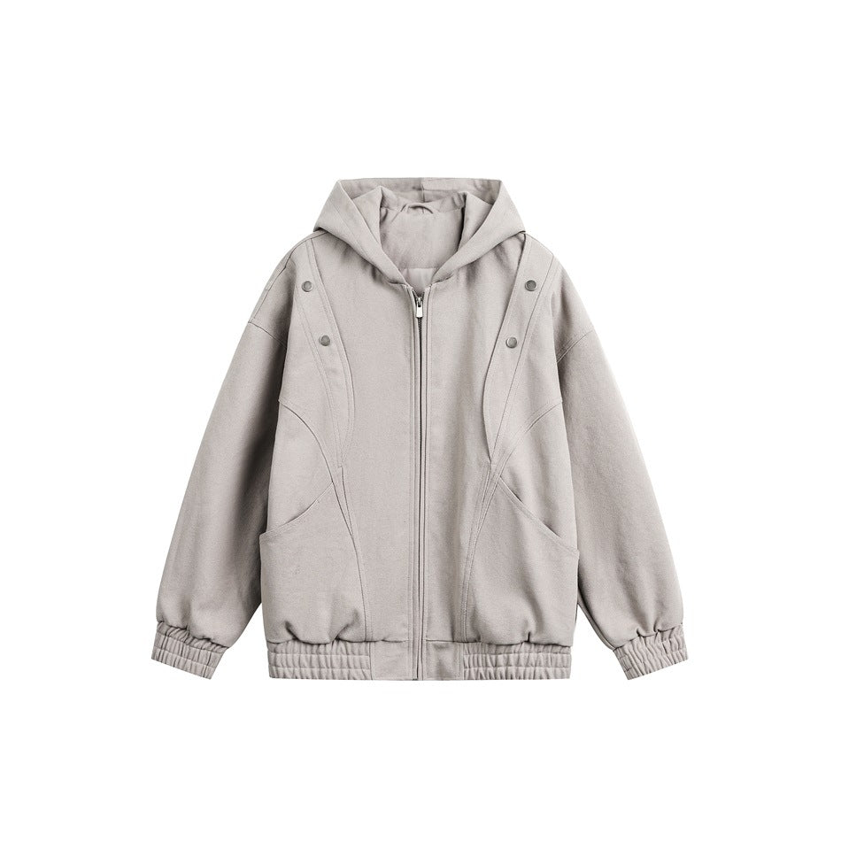 Light khaki hooded zip jacket flat lay with snap details, curved seams, slanted pockets and elastic hem and cuffs