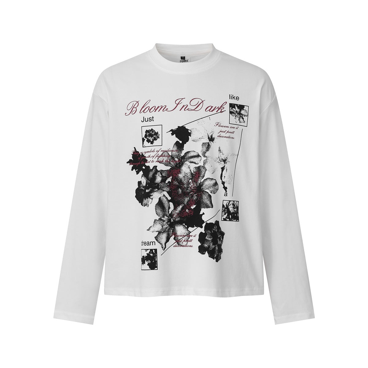 White long-sleeve crew-neck top with a gray and black floral graphic and burgundy script text, flat front view
