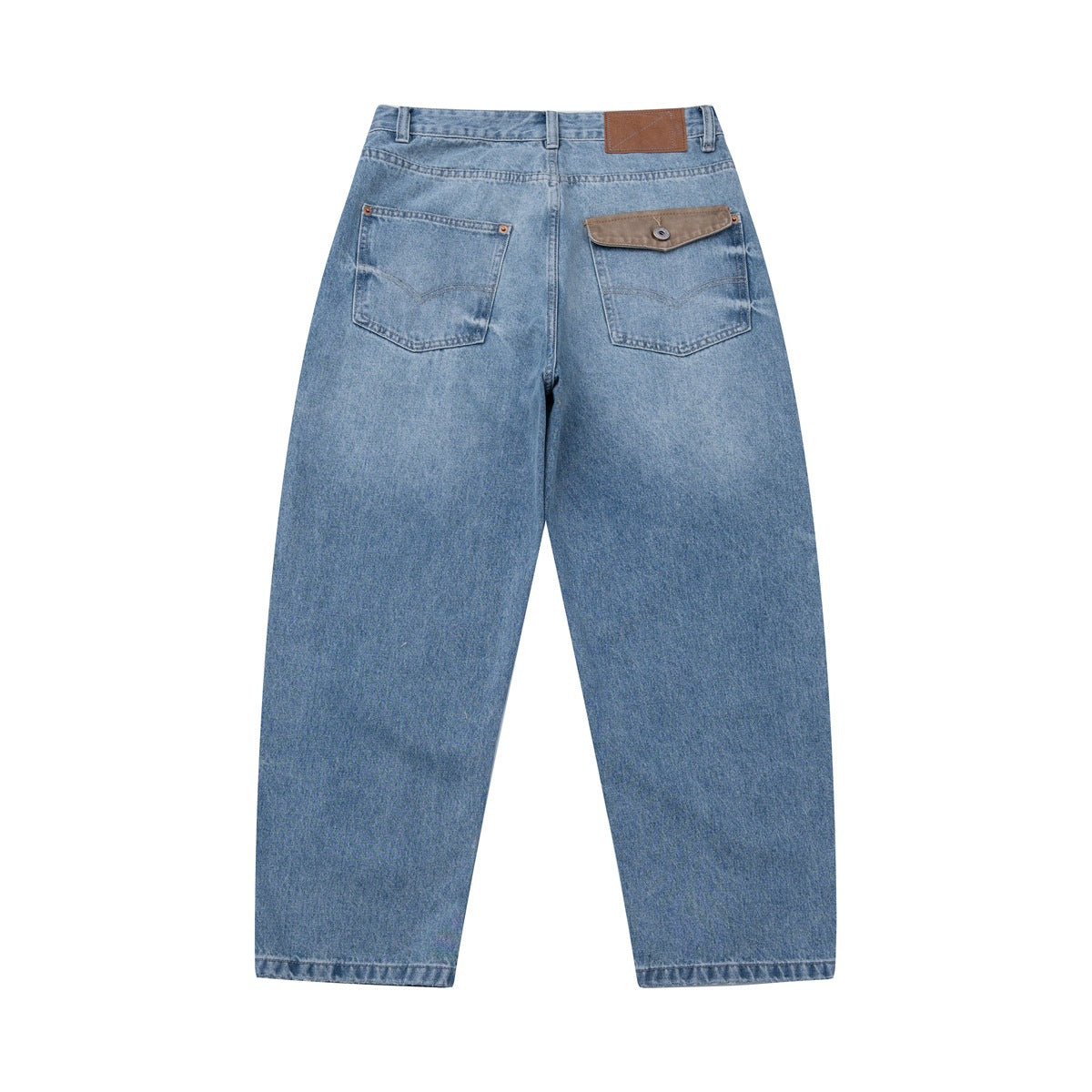 Back view of light blue jeans with two pockets, one buttoned flap pocket, and a brown waistband patch.