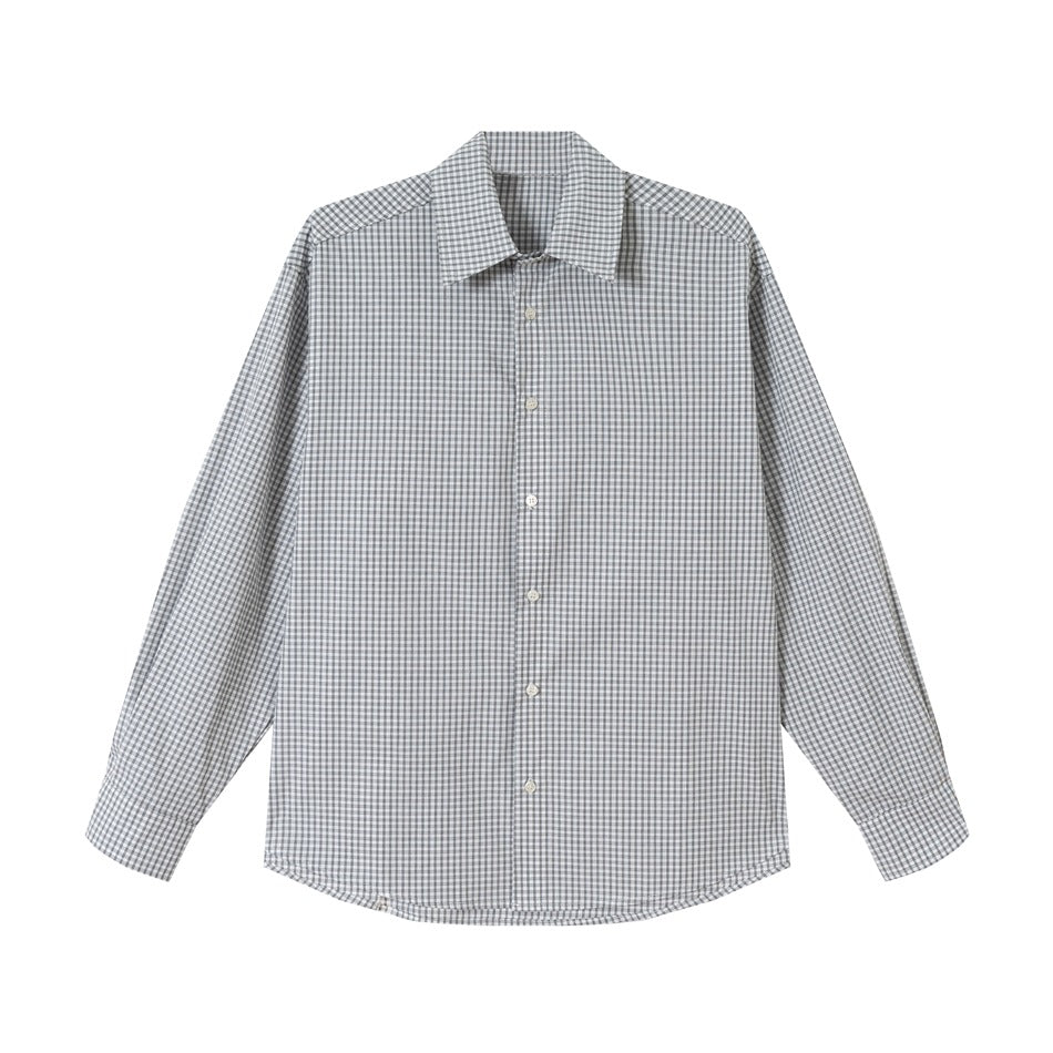 Gray and white small gingham long-sleeve button-up shirt with pointed collar, flat lay front view