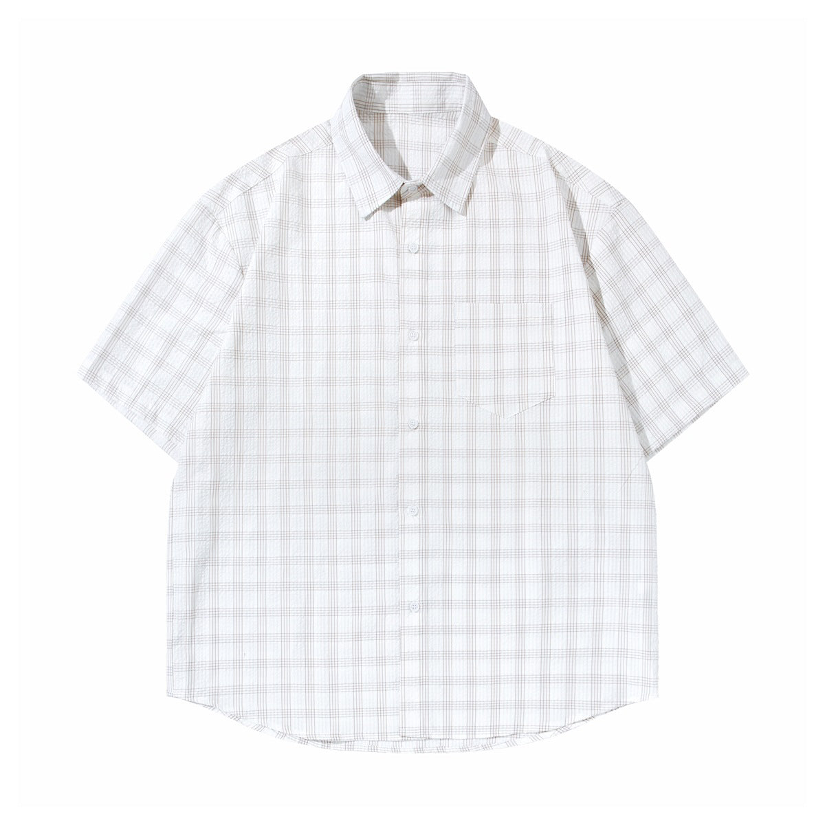 Apricot-white plaid short-sleeve button-up shirt with chest pocket, flat lay front view