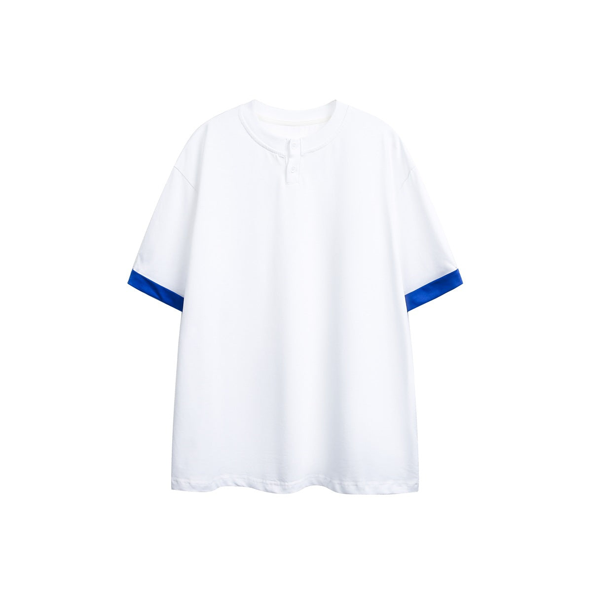 White short-sleeve T-shirt with two-button neckline and blue turned-up sleeve cuffs, flat front view