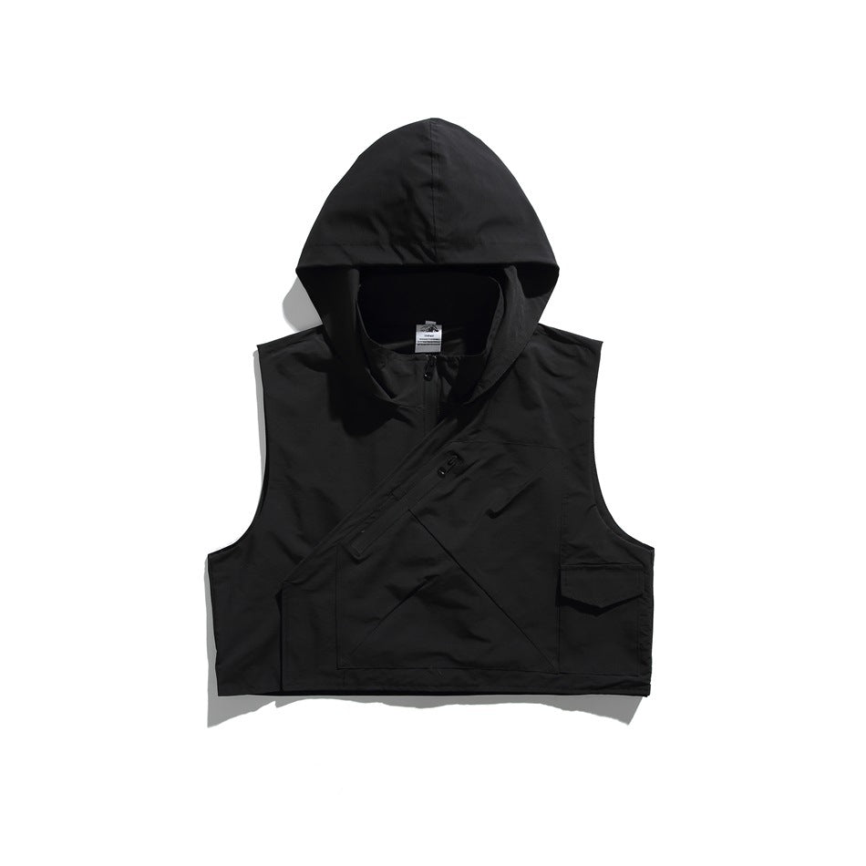 Black sleeveless hooded vest flat lay with diagonal front zip and zippered pocket panel plus a flap pocket