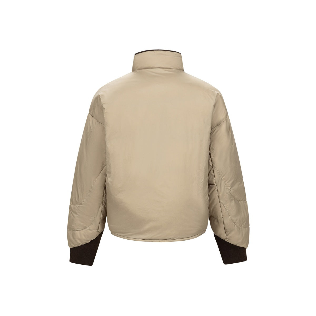 Back view of a beige padded jacket with a high collar and dark brown ribbed cuffs.