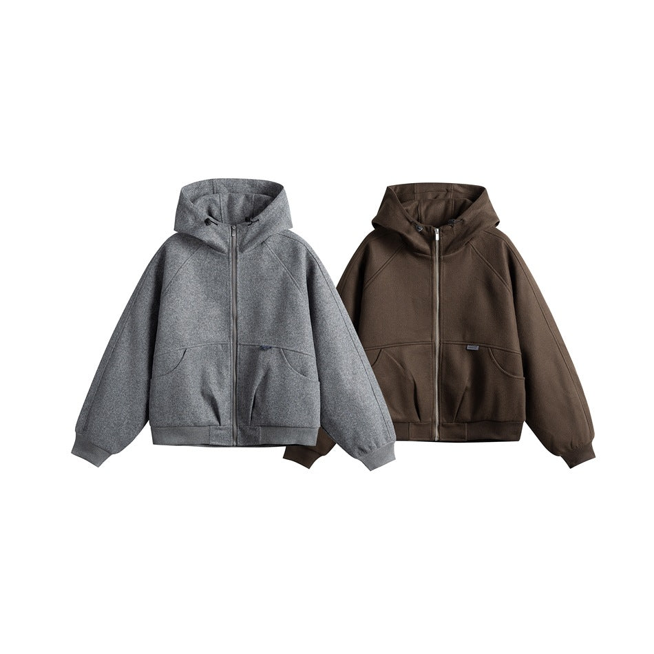 Two hooded zip jackets shown from the front in gray and dark brown, with raglan sleeves and front pockets.