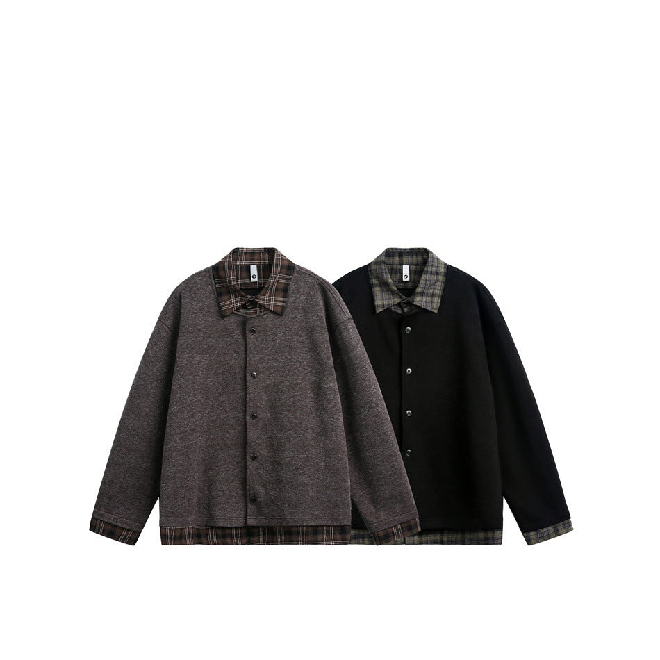 Two button jackets shown front-on: one brown-gray and one black, both with plaid collars, cuffs and hems.