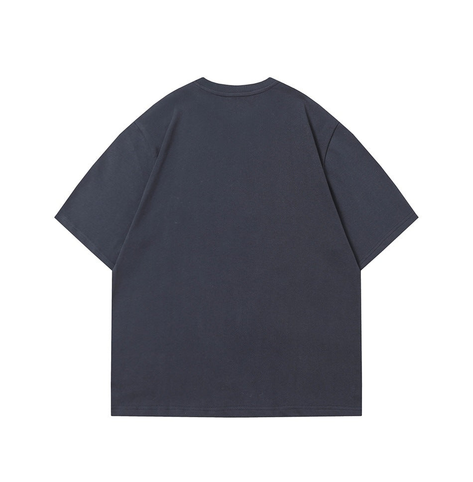 Back view of a dark navy short-sleeve crew-neck T-shirt, shown flat on a white background.