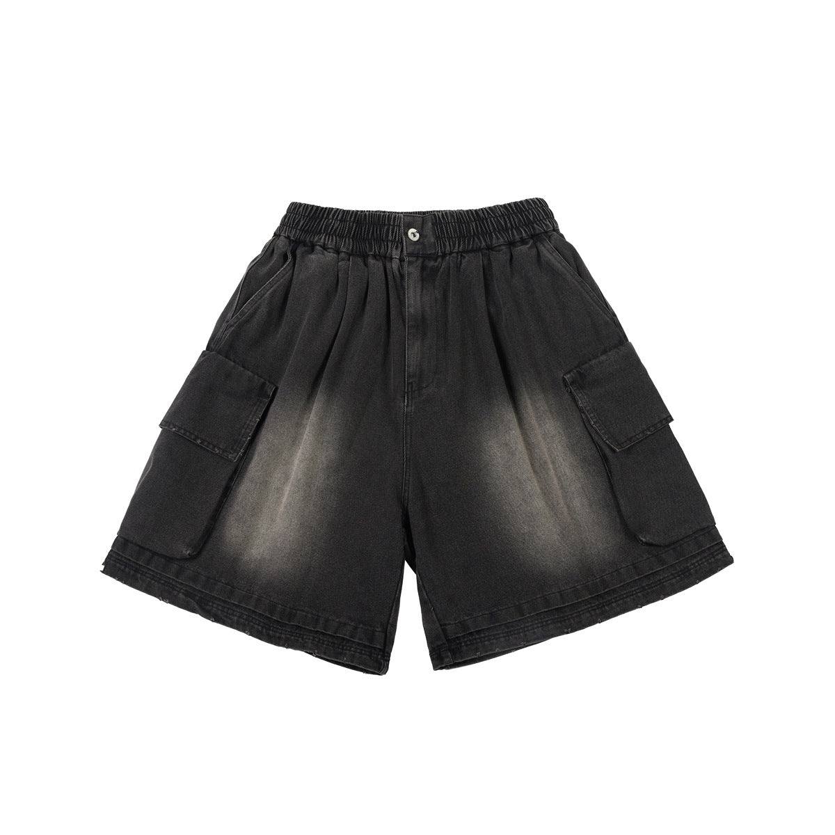 Front view of washed black cargo shorts with button waist, elastic waistband and large flap side pockets