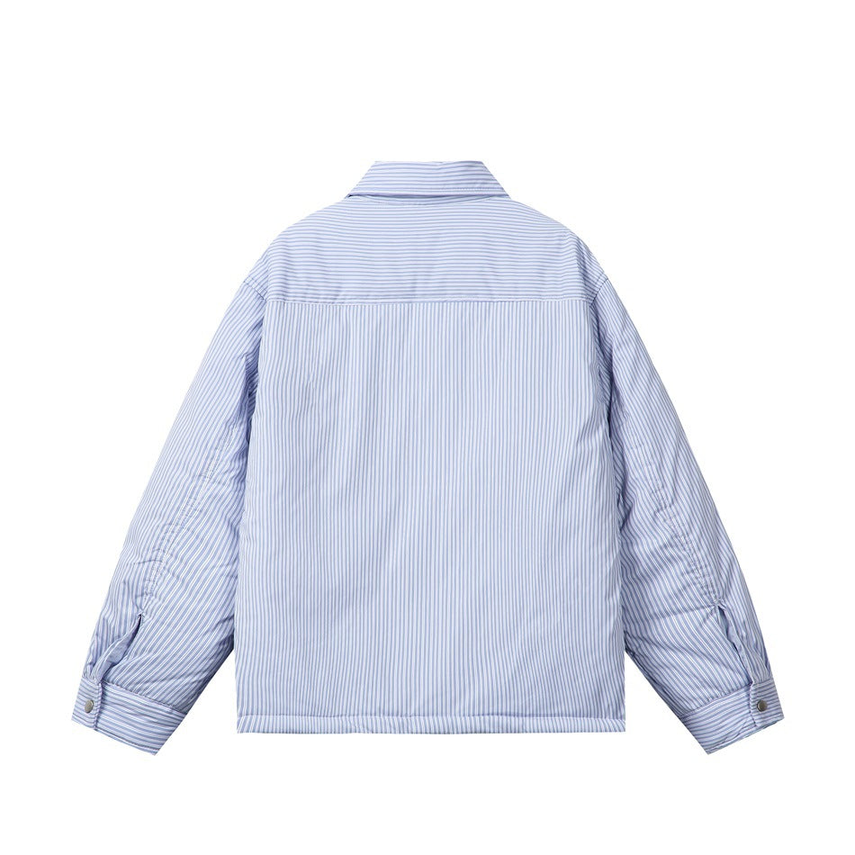 Back view of a light blue and white striped shirt jacket with a yoke and buttoned cuffs.