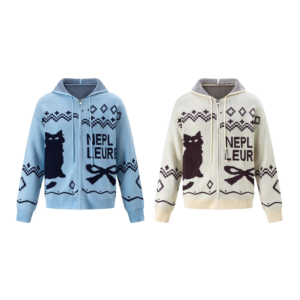 Two front views of a zip-up knit hoodie in blue and ivory, each with a hood, cat motif, and geometric pattern.