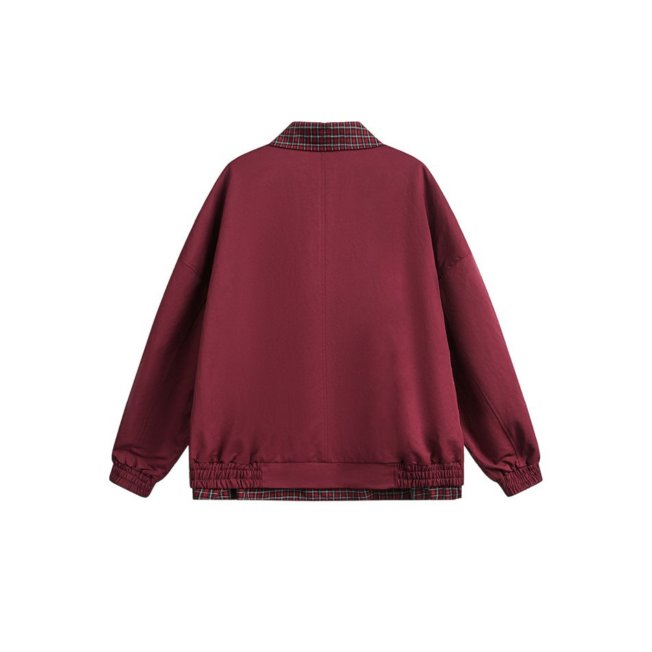 Back view of a burgundy jacket with a plaid collar and hem trim and gathered cuffs.
