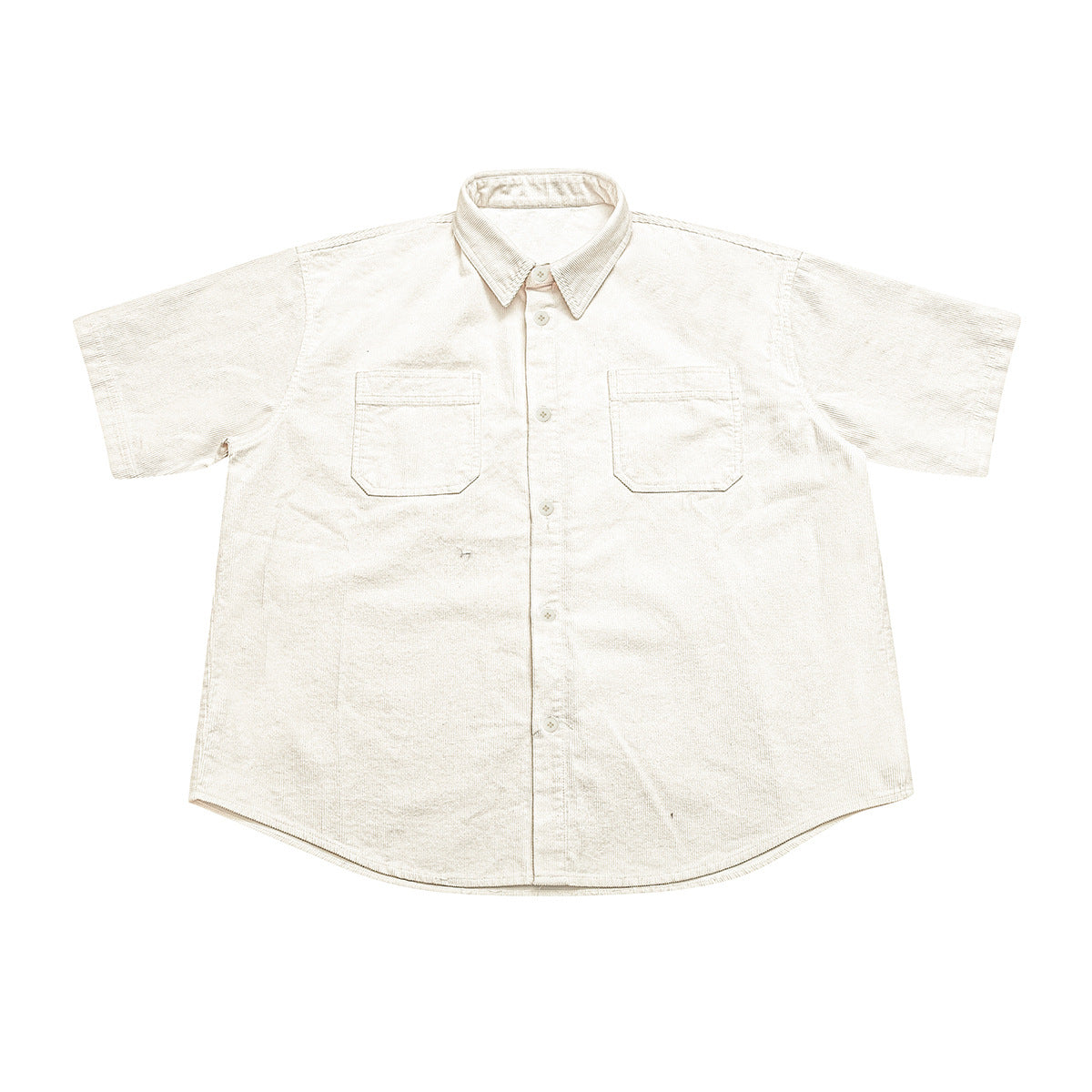 Off-white short-sleeve corduroy-texture button-up shirt with two flap chest pockets, laid flat