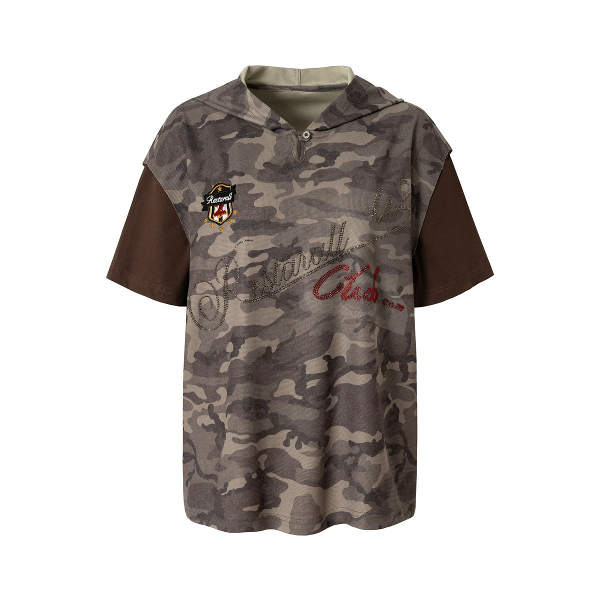 Camouflage hooded short-sleeve top with brown sleeves, front view with shield badge and rhinestone lettering