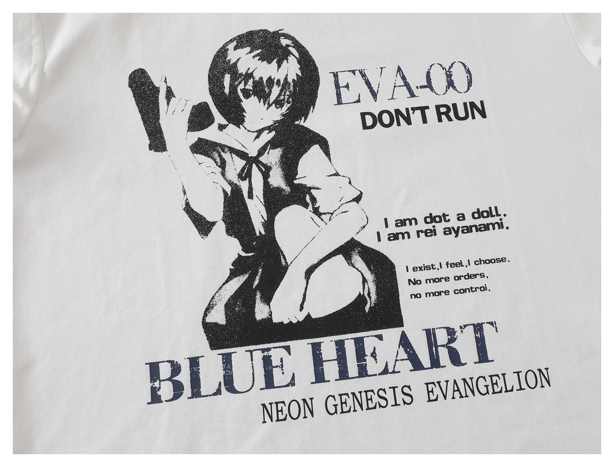 Close-up of the white T-shirt's black anime character print and navy and black English lettering.