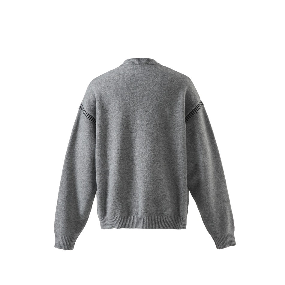 Gray crew-neck knit sweater, back view, with ribbed hem and cuffs and dark stitching at the shoulder seams
