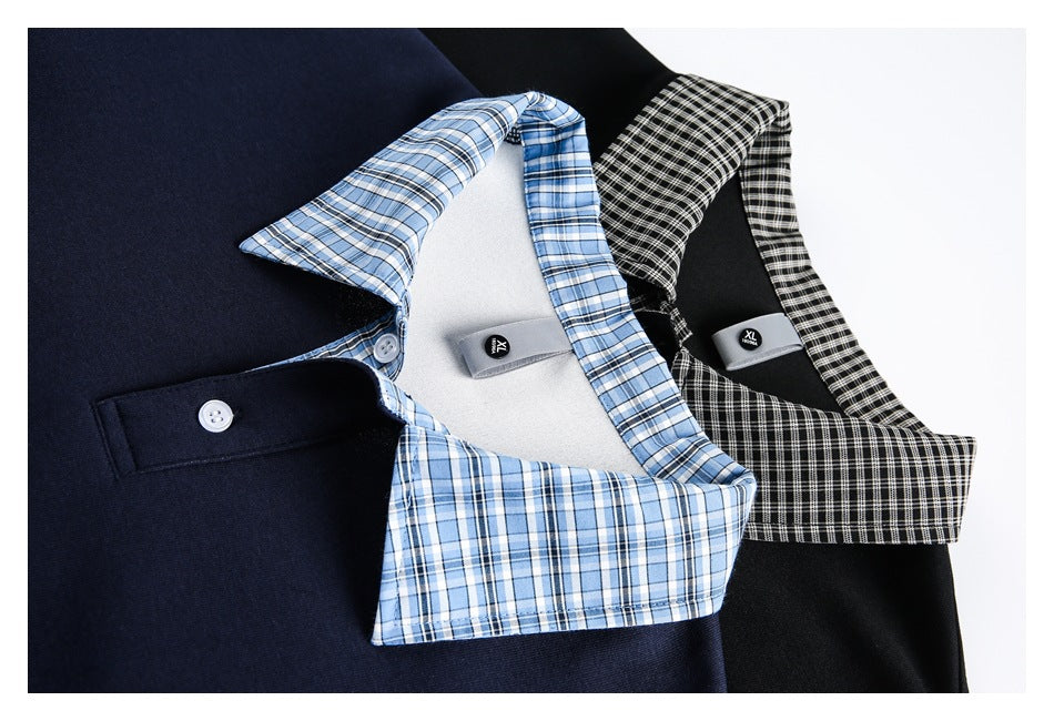 Two laid-flat polo shirts: navy with a blue plaid collar and black with a black-and-white plaid collar.