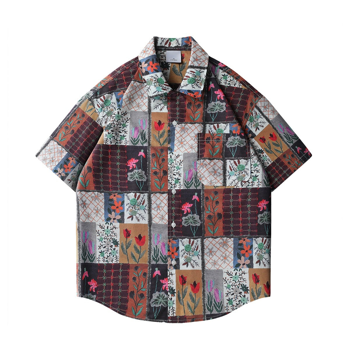 Short-sleeve collared shirt with patchwork floral print in burgundy, rust, tan and white, flat front view with chest pocket