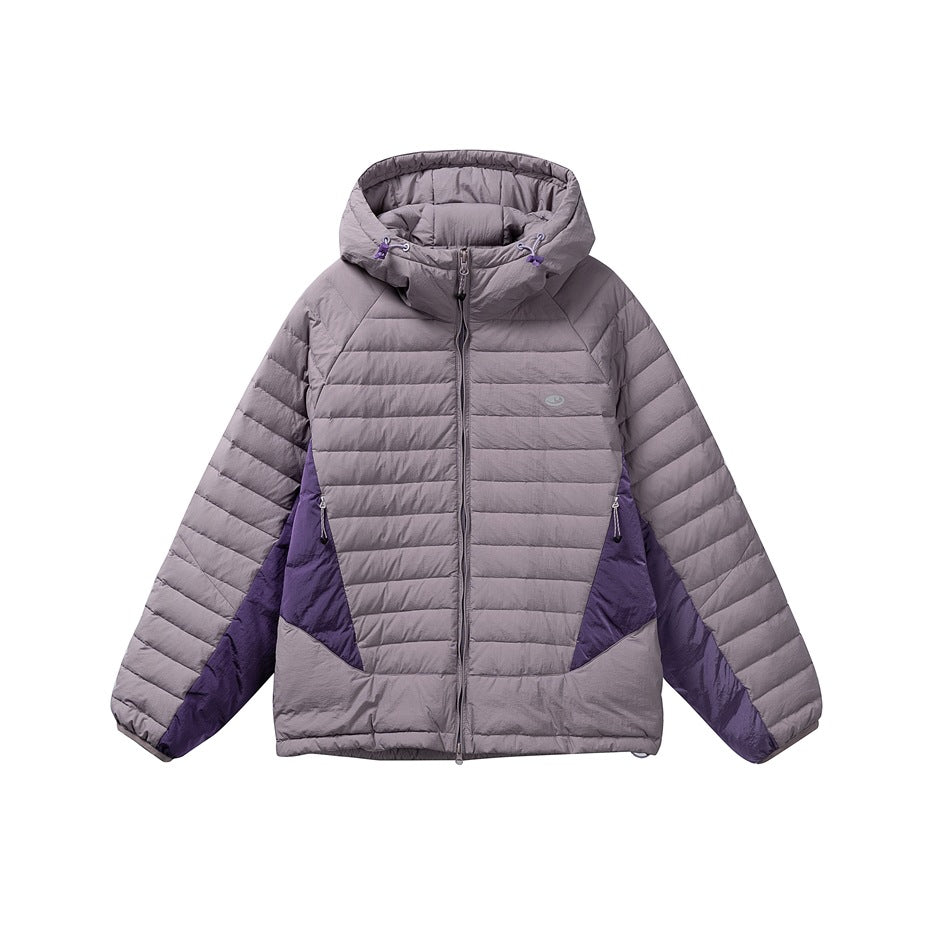 Lavender-gray hooded quilted jacket with front zip and purple contrast side panels and drawcord hood