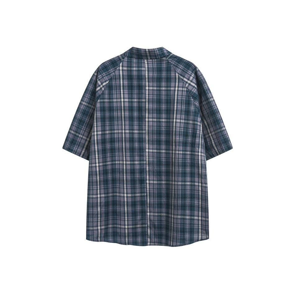 Back view of blue-green and gray plaid short-sleeve shirt with center back seam
