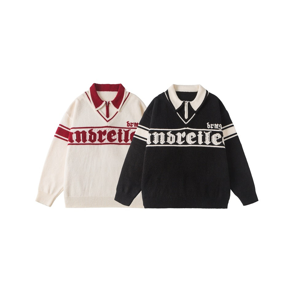 Two sweaters shown together: ivory with red trim and black with ivory trim, both with zip collars and chest lettering.
