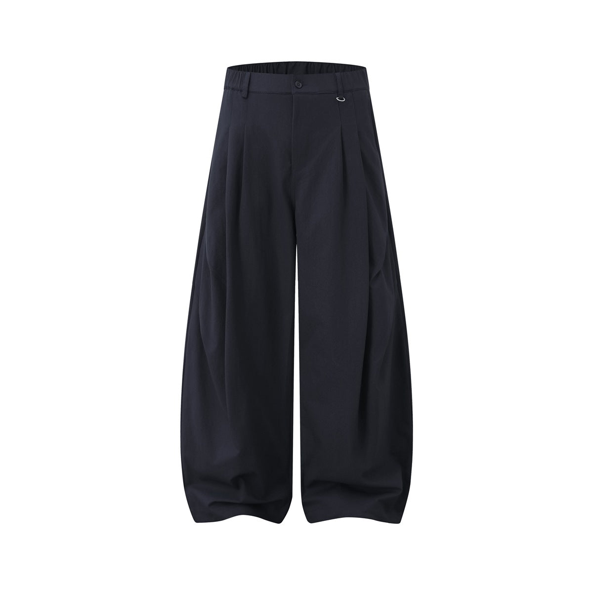 Navy wide-leg pleated pants with elastic waistband, front button and D-ring accent, flat front view