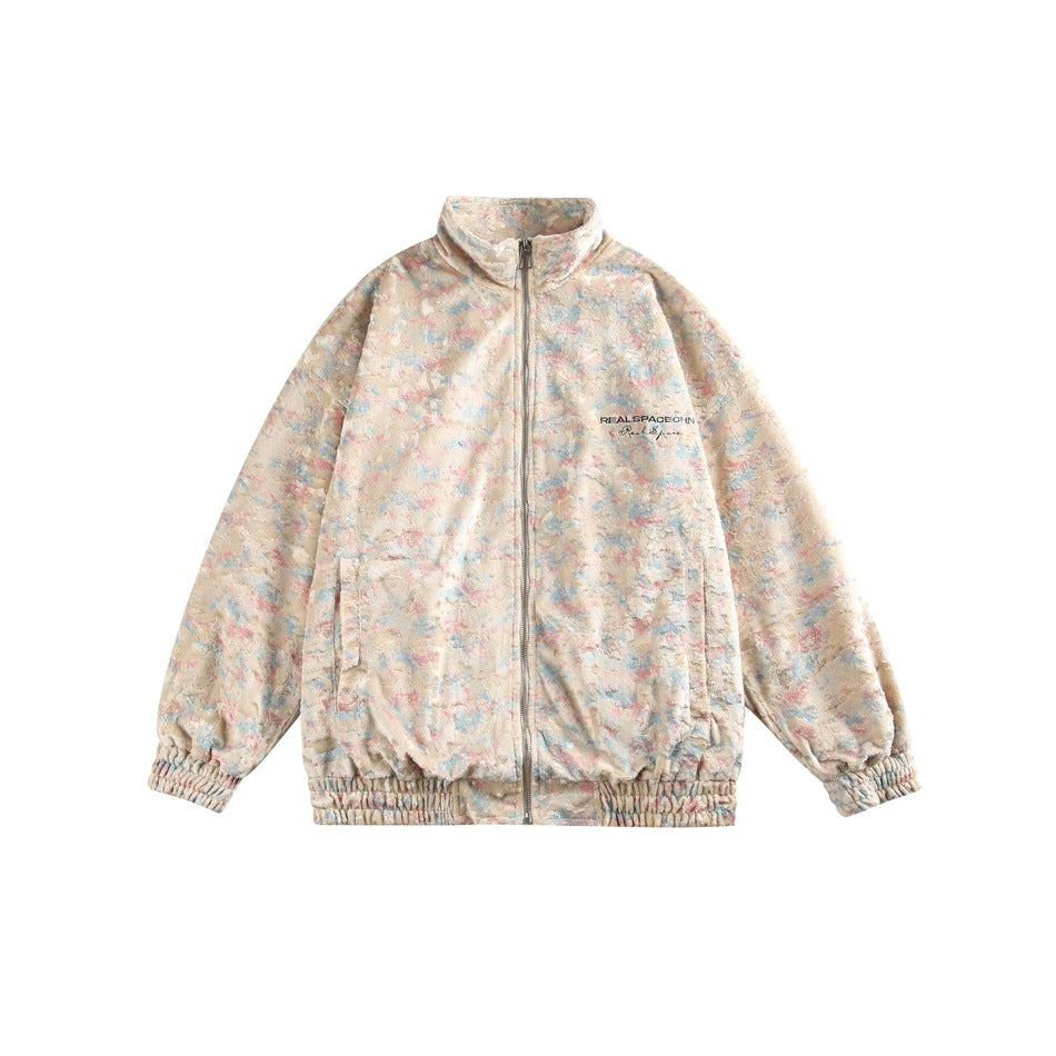 Front view of a pastel multicolor zip-up jacket with a high collar, front pockets, and elastic cuffs and hem.