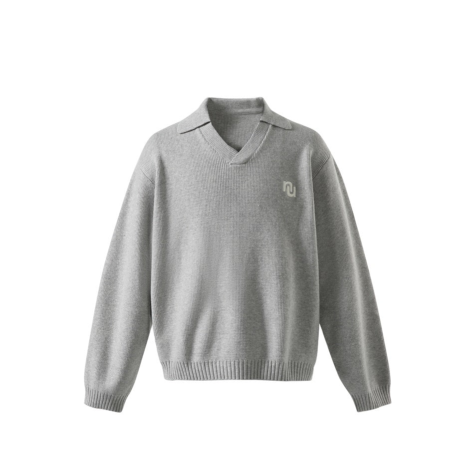 Light gray ribbed knit V-neck pullover sweater with folded collar and small chest logo, front view on white background