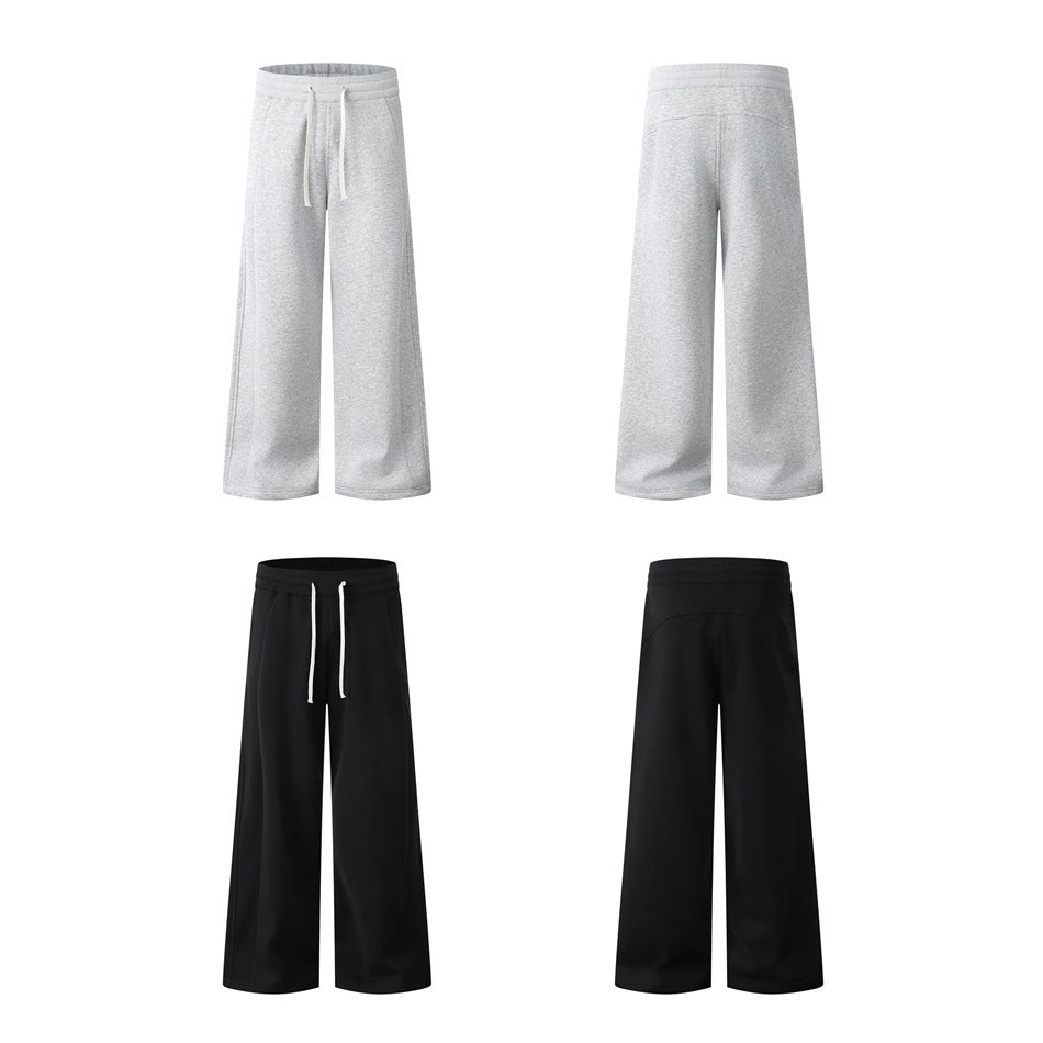 Front and back views of gray and black wide-leg drawstring sweatpants in a four-panel layout