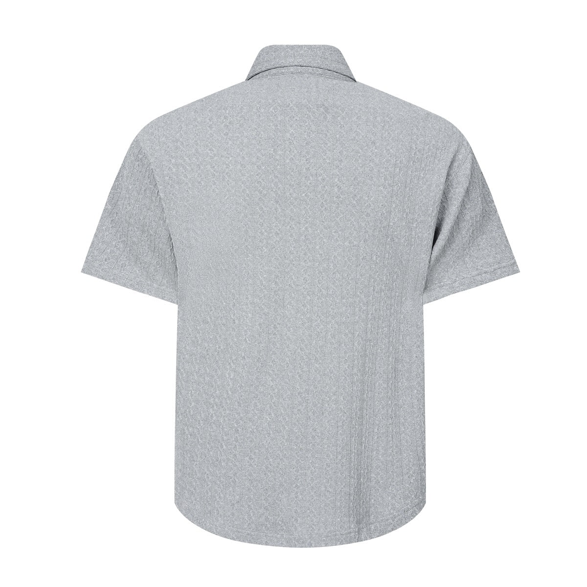Back view of a gray short-sleeve button-up shirt with a pointed collar and subtle textured pattern.