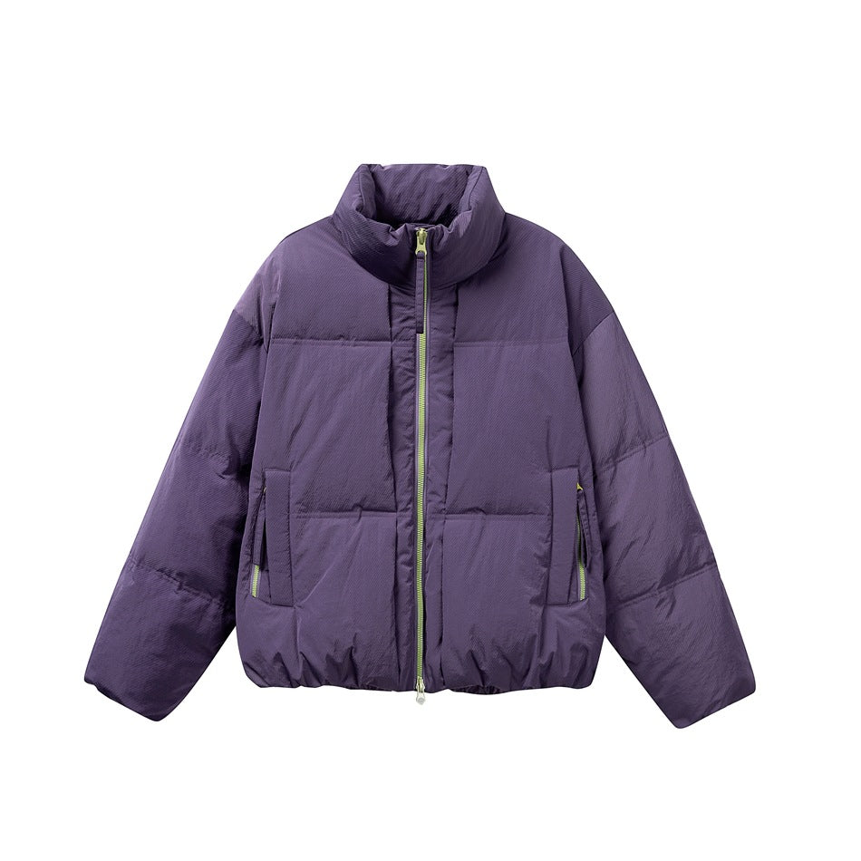 Purple puffer jacket with stand collar and lime-green front zipper, flat front view
